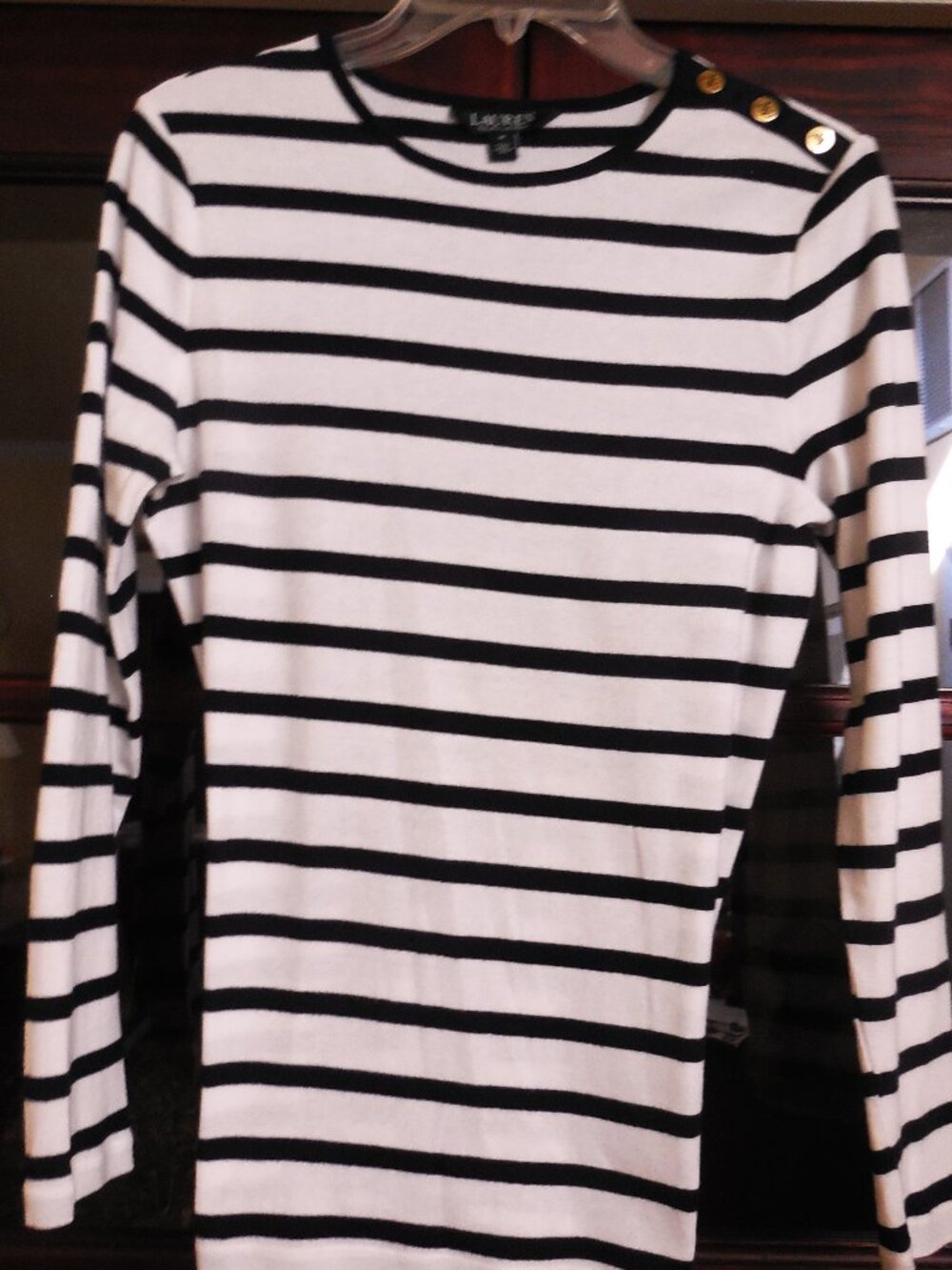 Ralph Lauren long sleeve Tee Top Navy Blue and White Stripe Size M